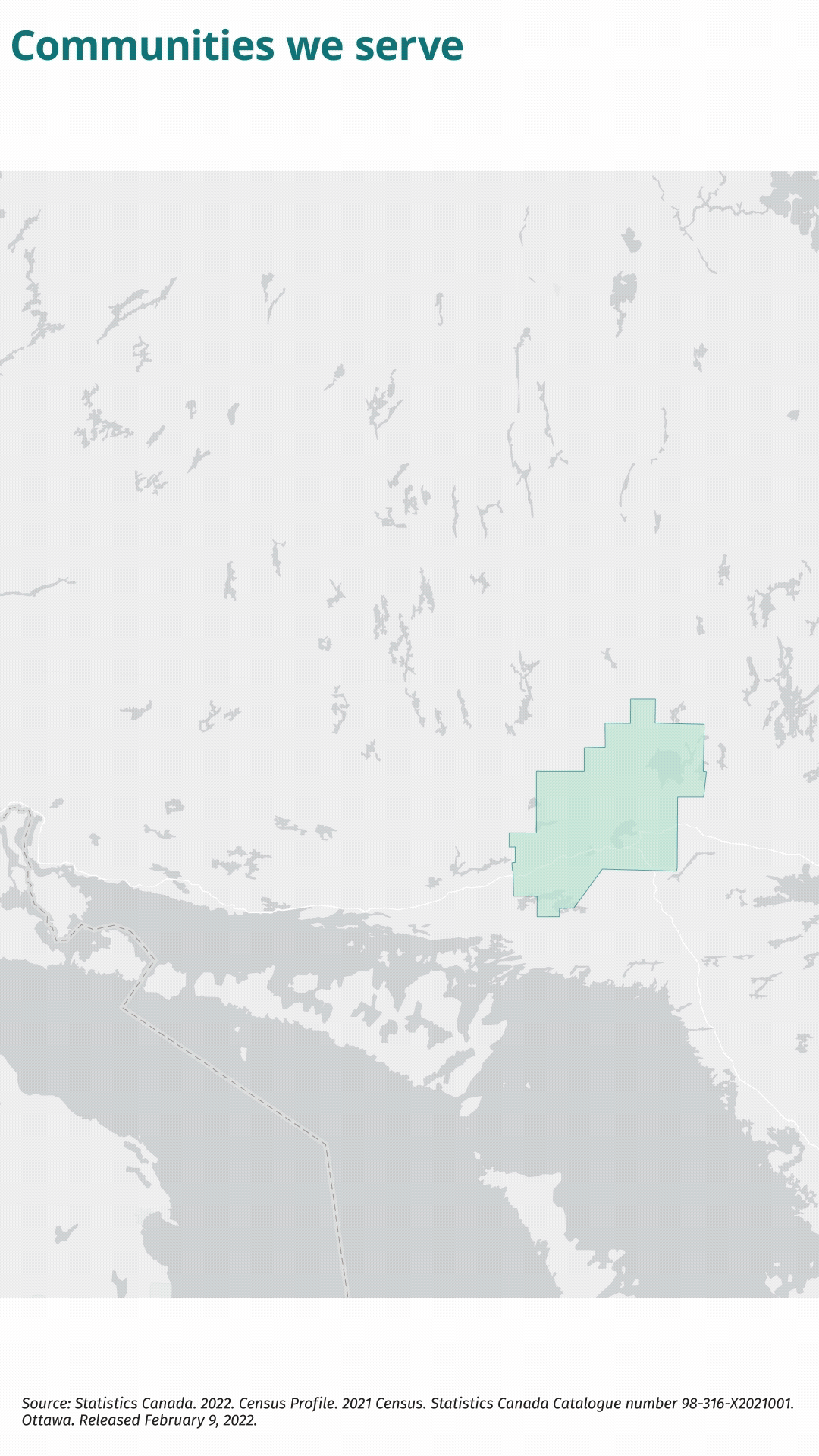 Communities we serve. A map of Public Health Sudbury & Districts service area including the Main Office, Elm Place Office, Chapleau Office, Sudbury East Office, Espanola Office, and Manitoulin Office. Greater Sudbury’s population is 166 128 and the land area is 3 196.9 square kilometres. Sudbury District’s population is 22 368 and the land area is 39 896.8 square kilometres. Manitoulin District’s population is 13 935 and the land area is 3073.5 square kilometres. Sudbury and districts’ overall population is 202 431 and the land area is 46 167.2 square kilometres. Individuals who identified French as their first official language in Sudbury and districts is 27.6%, compared to Ontario at 3.4%. Individuals who identified as Indigenous in Sudbury and districts is 13.8%, compared to Ontario at 2.9%.