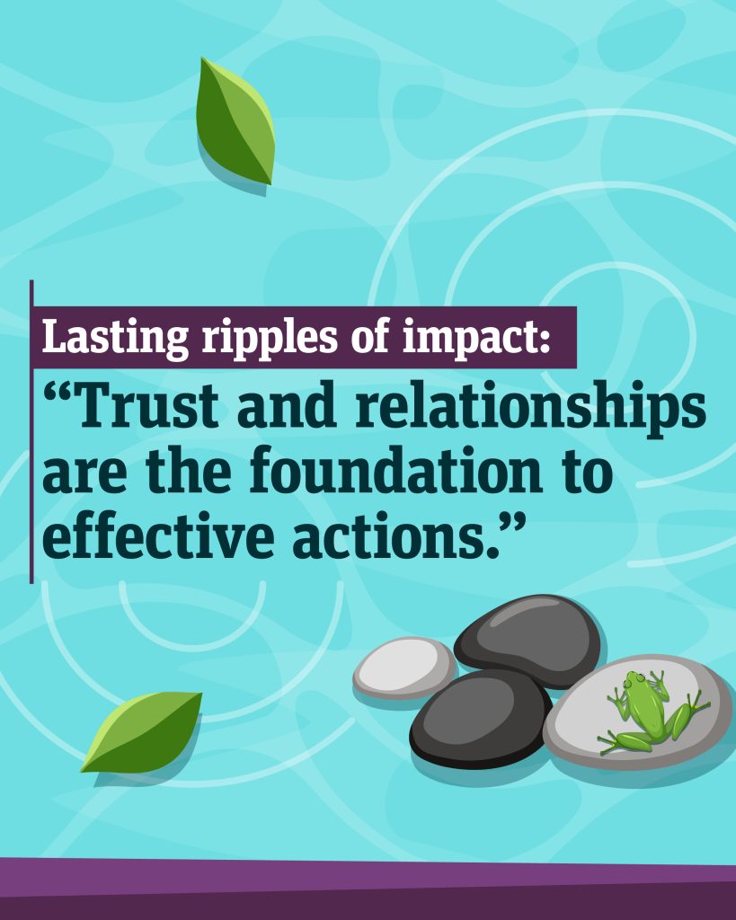 An illustration of ripples in the water and a frog sitting on a supporting stone. Text: "Lasting ripples of impact: Trust and relationships are the foundation to effective actions."
