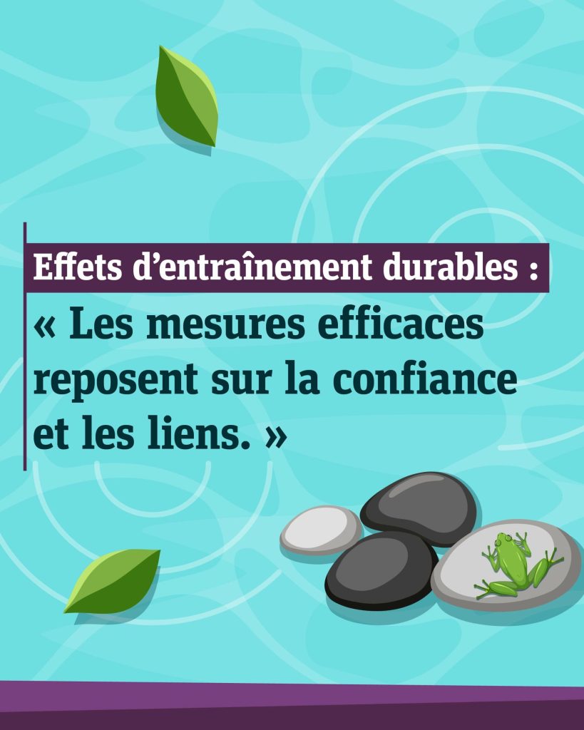 Illustration d’ondulations dans l'eau et d’une grenouille posée sur une pierre de soutien, avec le texte <q> Effets d’entraînement durables : Les mesures efficaces reposent sur la confiance et les liens. </q>