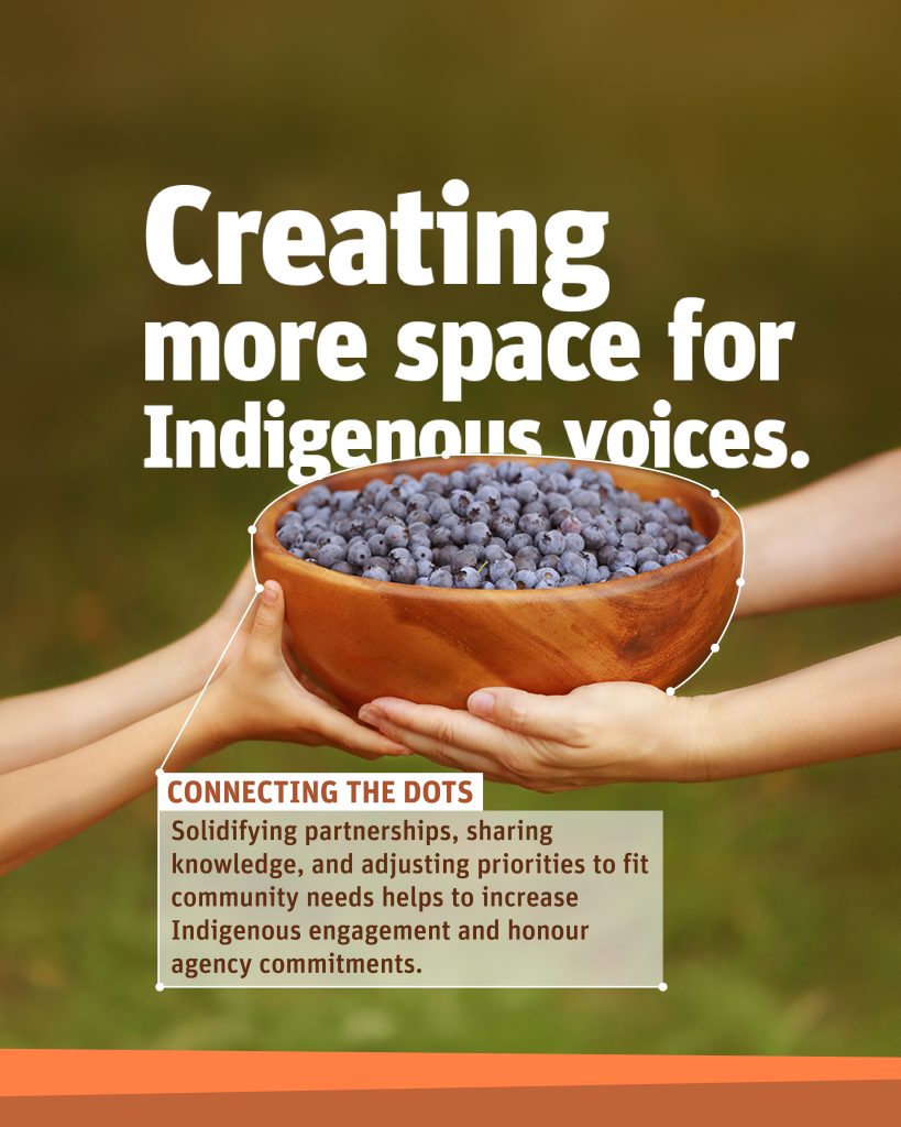 "Creating more space for Indigenous voices" Two people sharing a bowl of berries. "Connecting the dots: Solidifying partnerships, sharing knowledge, and adjusting priorities to fit community needs helps to increase Indigenous engagement and honour agency commitments."