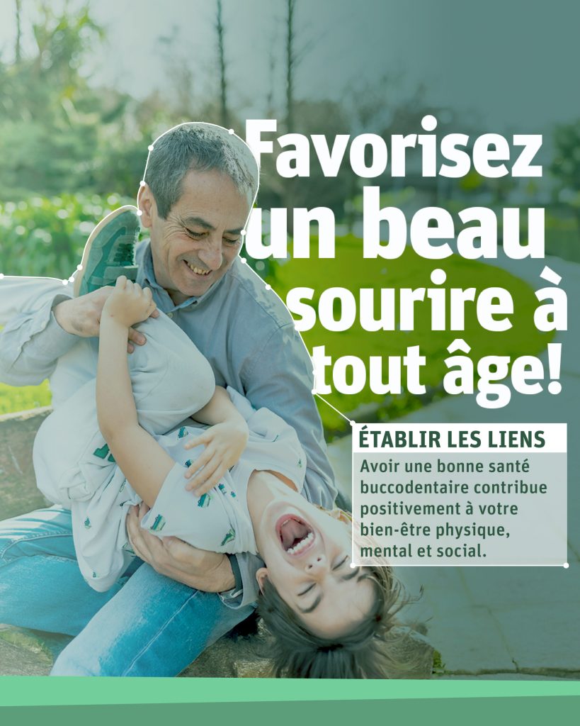 Un grand-père souriant et son petit-fils souriant dans le parc. ÉTABLIR LES LIENS : Avoir une bonne santé buccodentaire contribue positivement à votre bien-être physique, mental et social.