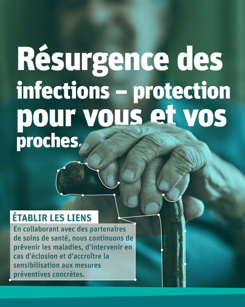Une paire de mains d’adulte plus âgé reposant sur une canne. ÉTABLIR LES LIENS : En collaborant avec des partenaires de soins de santé, nous continuons de prévenir les maladies, d'intervenir en cas d'éclosion et d'accroître la sensibilisation aux mesures préventives concrètes.