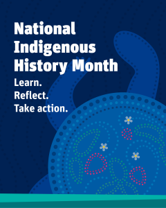 Illustration of a turtle with strawberries beaded on its shell with the text "National Indigenous History Month, Learn. Reflect. Take action."