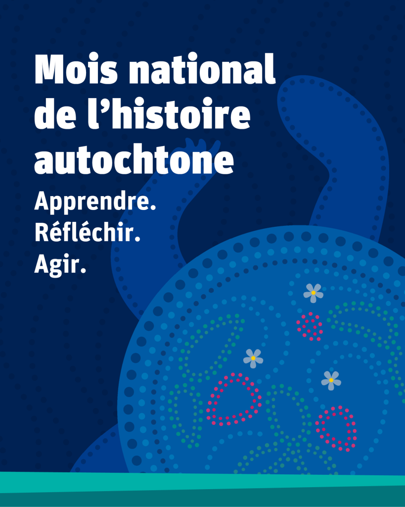 Illustration d’une tortue avec des fraises perlées sur sa carapace avec les mots : « Mois national de l’histoire autochtone. Apprendre. Réfléchir. Agir. »