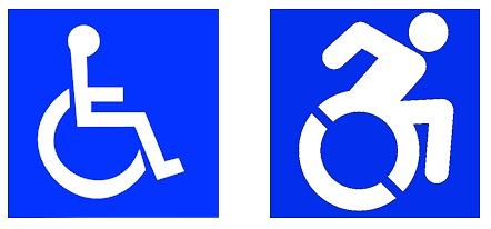 (À gauche) 1968 : symbole international d’accès; (À droite) 2013 : projet d’icône d’accessibilité